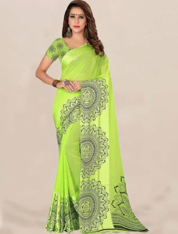 Sitanjali Georgette Printed Saree With Unstitched Blouse Piece ( Green ) Sitanjali Georgette Printed Saree With Unstitched Blouse Piece ( Green )