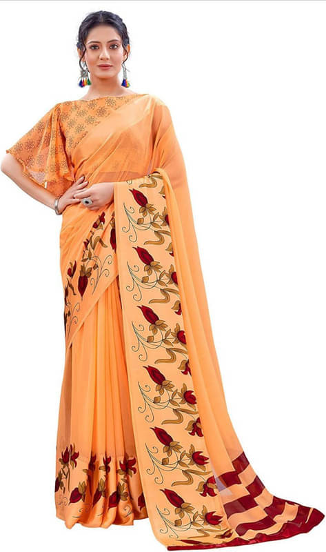     			Sitanjali Georgette Printed Saree With Unstitched Blouse Piece ( Orange )