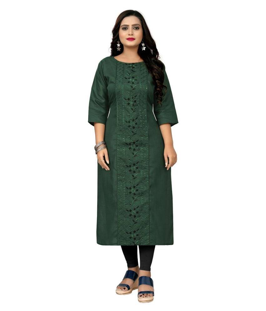 Hetsa - Green Cotton Blend Women's Straight Kurti ( Pack of 1 )     			Hetsa - Green Cotton Blend Women's Straight Kurti ( Pack of 1 )