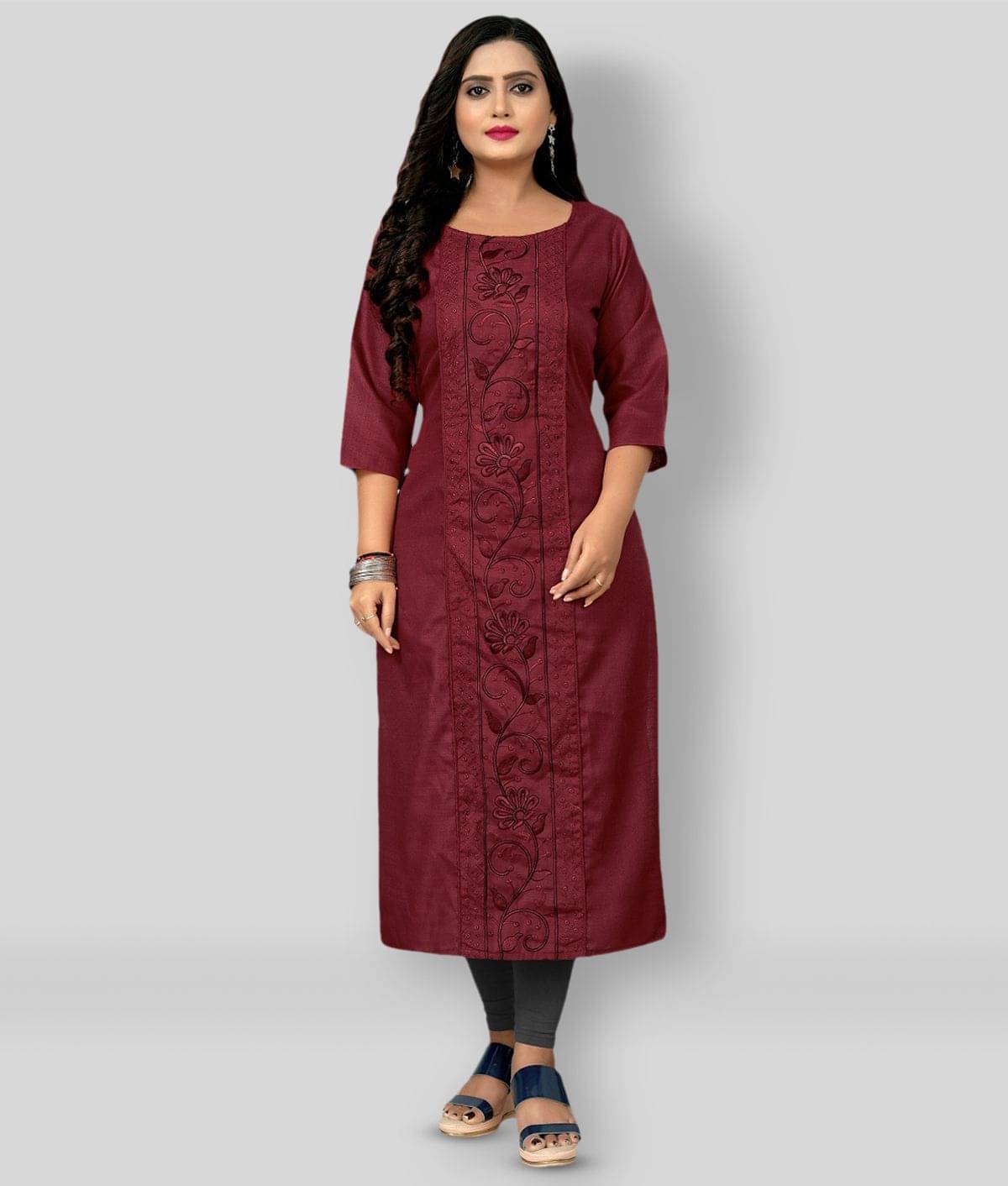 Hetsa - Maroon Cotton Blend Women's Straight Kurti ( Pack of 1 )     			Hetsa - Maroon Cotton Blend Women's Straight Kurti ( Pack of 1 )