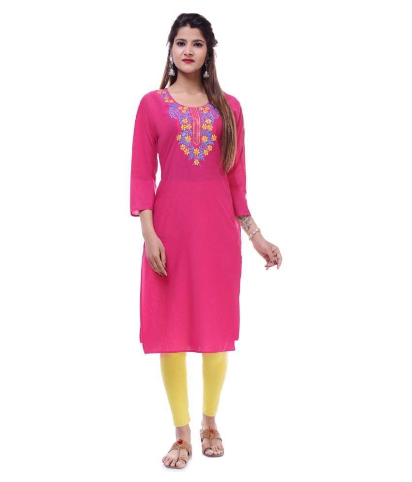     			P PRIYA FASHION - Pink Cotton Women's Straight Kurti ( Pack of 1 )