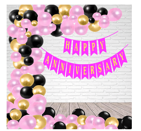 Blooms Event 1 Pcs Happy Anniversary Banner (Pink) + 50 pcs HD Metallic Balloons (Pink, Black & Gold) with Ribbon included. Blooms Event 1 Pcs Happy Anniversary Banner (Pink) + 50 pcs HD Metallic Balloons (Pink, Black & Gold) with Ribbon included.
