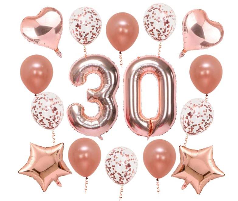     			Blooms Event    RoseDecoration Kit -  30  Rosenumber foil balloon, 2Pcs Rosestar foil ballon, 2Pcs Roseheart foil baloon, 5Pcs rosegold metallic balloon, 5Pcs Roseconfetti balloon.