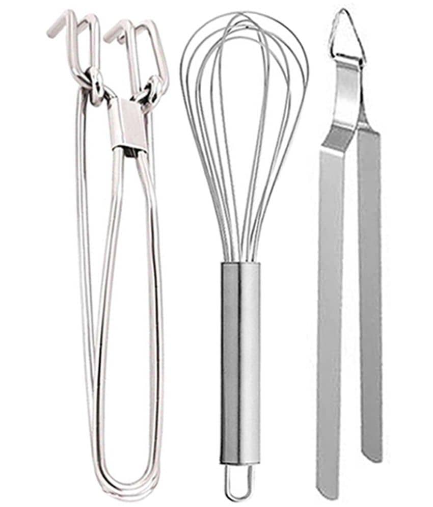 JISUN - Silver Stainless Steel Pakkad+Whisk+Roti Chimta ( Pack 3 )