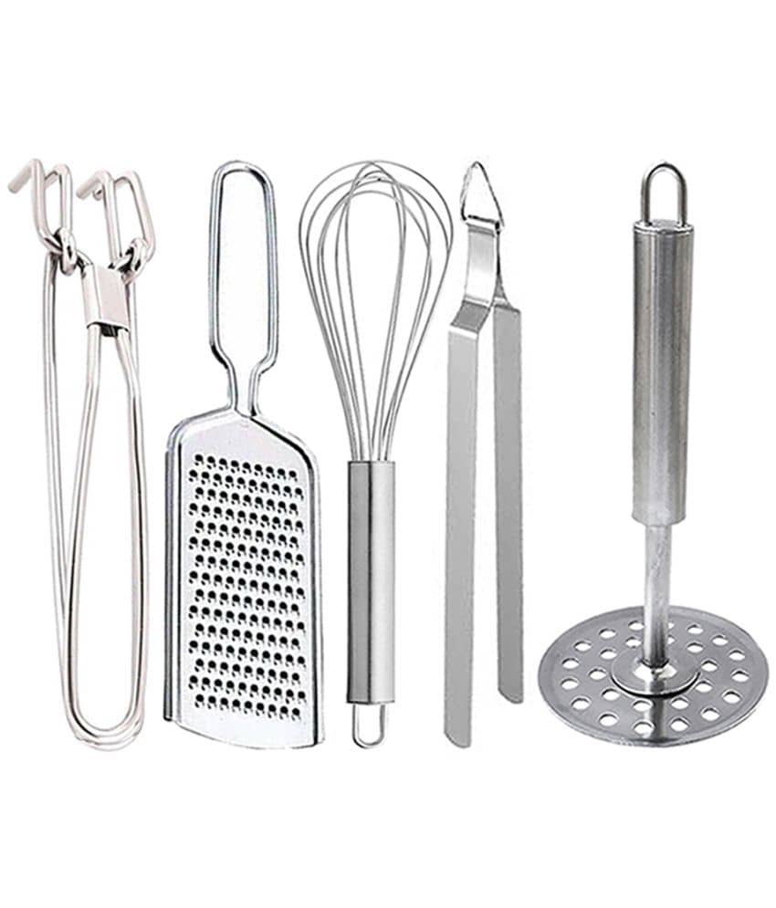 JISUN - Silver Stainless Steel Pakkad+Wire Grater+Whisk+Roti Chimta+Masher ( Pack 5 )