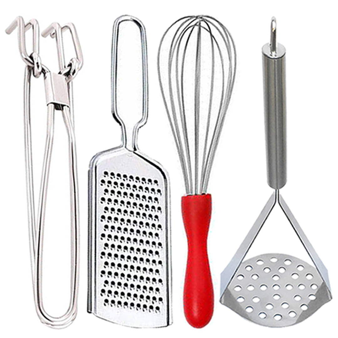 JISUN - Silver Stainless Steel Pakkad+Wire Grater+Whisk+Masher ( Pack 4 ) JISUN - Silver Stainless Steel Pakkad+Wire Grater+Whisk+Masher ( Pack 4 )