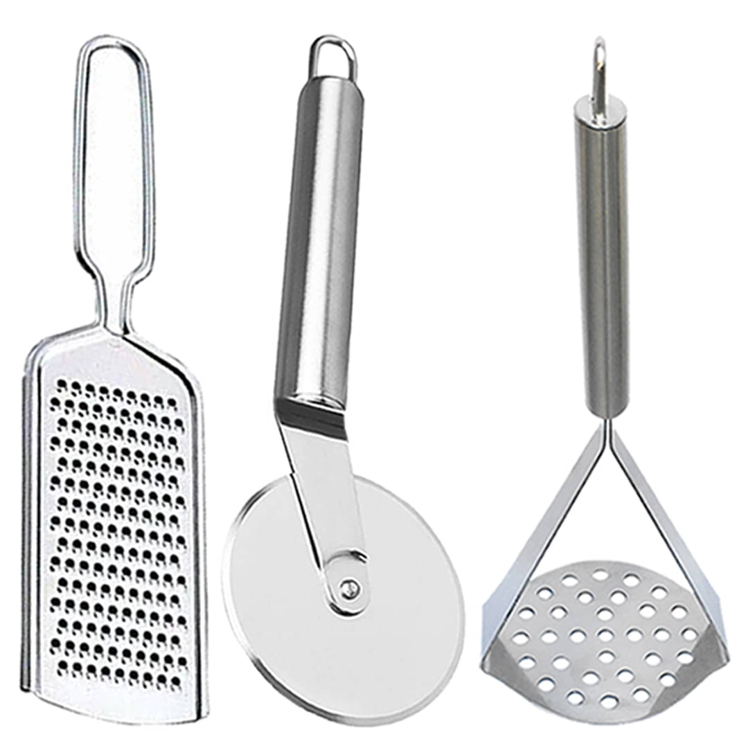 JISUN - Silver Stainless Steel Wire Grater+Pizza Cutter+Masher ( Pack 3 ) JISUN - Silver Stainless Steel Wire Grater+Pizza Cutter+Masher ( Pack 3 )