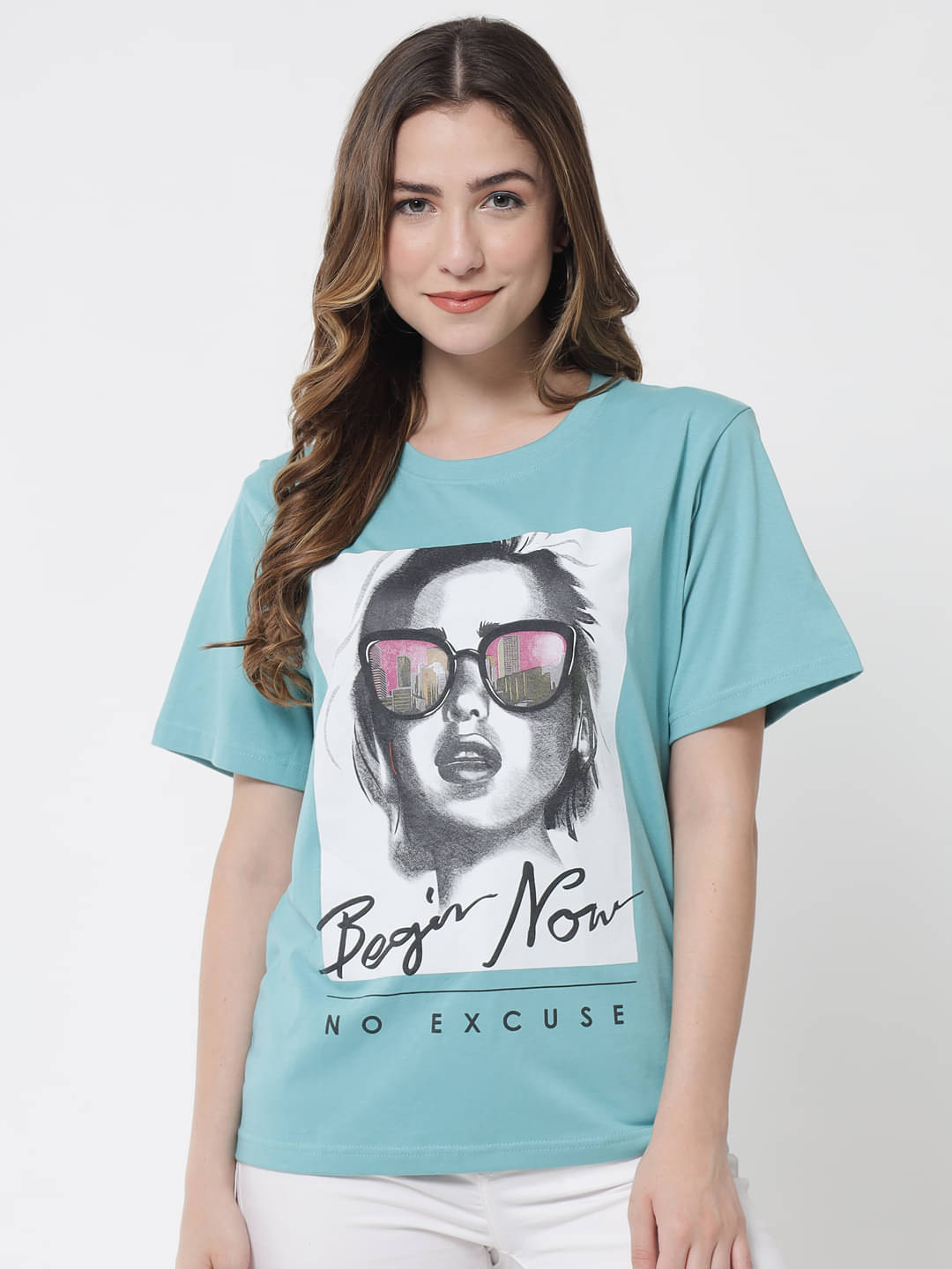     			The Dry State Women Cotton Printed Oversized Fit Round Neck T-Shirt ( Turquoise )