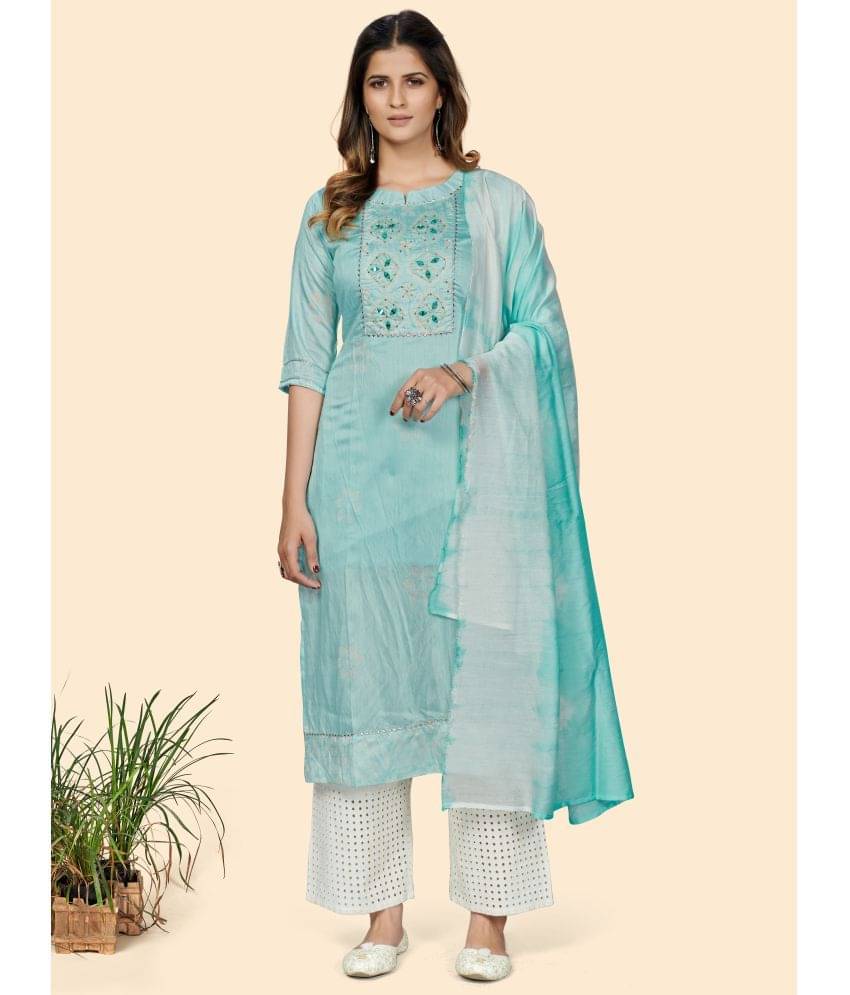 Vbuyz - Blue Chanderi Women's Straight Kurti ( Pack of 1 ) Vbuyz - Blue Chanderi Women's Straight Kurti ( Pack of 1 )