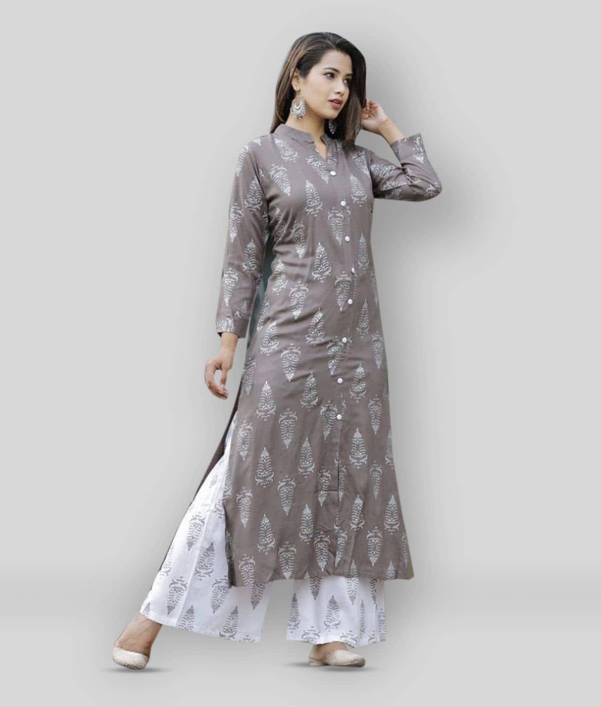 LEE MODA EXPORT Women Rayon Printed Kurti With Pants ( Light Grey )