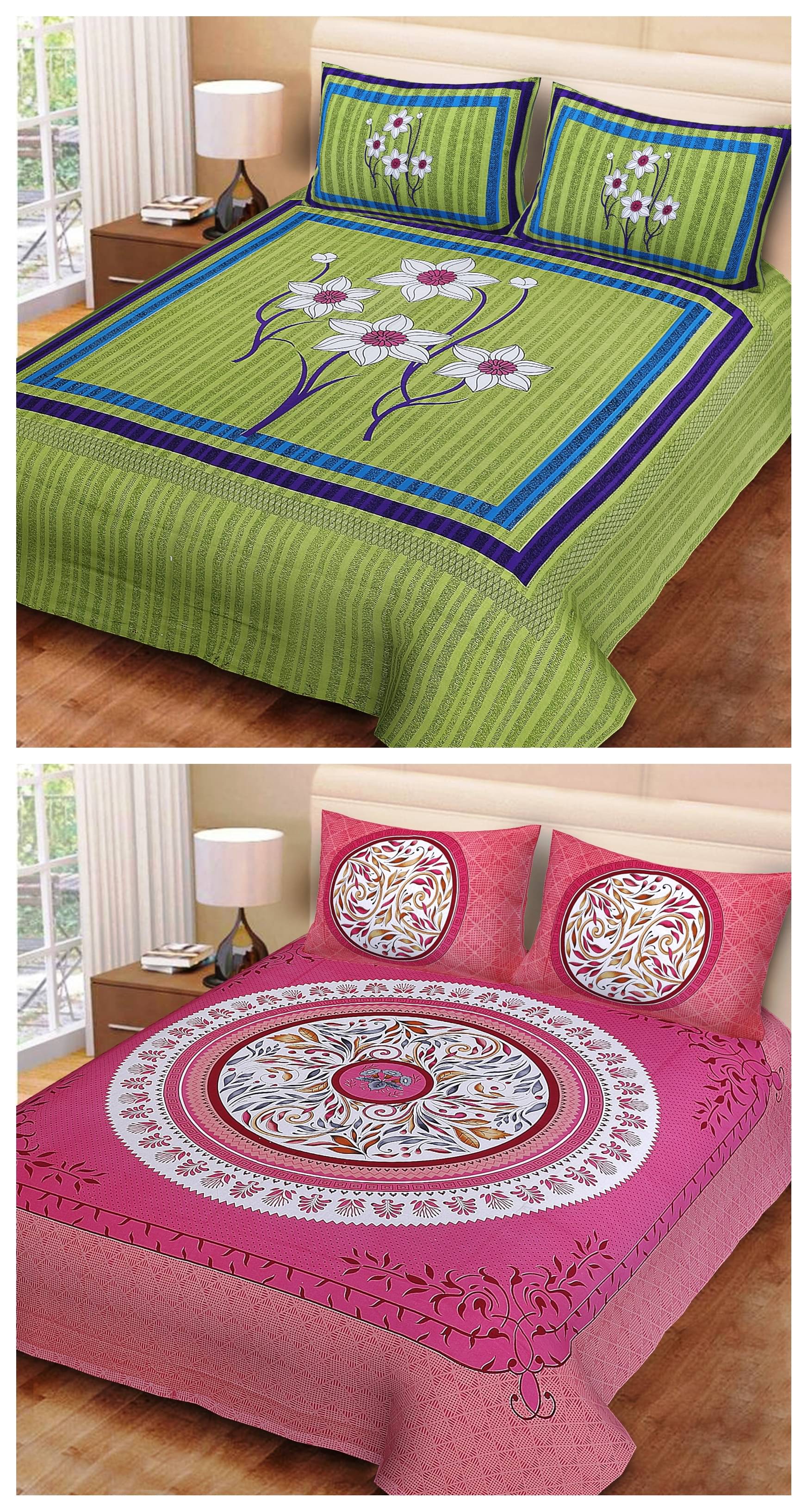     			Uniqchoice - Multicolor 100% Cotton 2 Double Bedsheets with 4 Pillow Covers