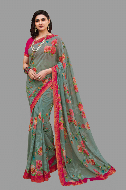 BLEESBURY Georgette Printed Saree With Unstitched Blouse Piece ( Grey ) BLEESBURY Georgette Printed Saree With Unstitched Blouse Piece ( Grey )