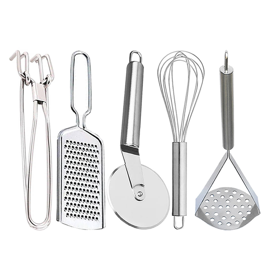 JISUN - Silver Stainless Steel Pakkad+Wire Grater+Whisk+Pizza Cutter+Masher ( Pack 5 )