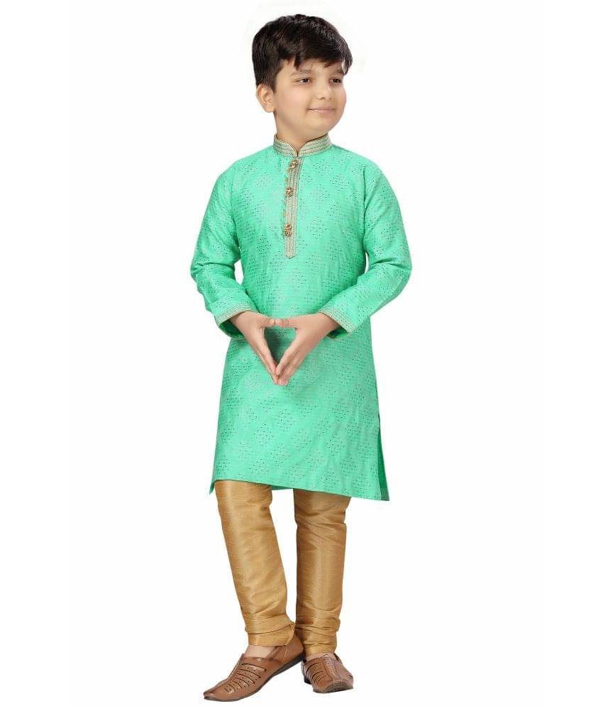     			KIDS FARM Boys Silk Ethnic - Pattern Kurta Pant Set ( Green , Pack of 1 )