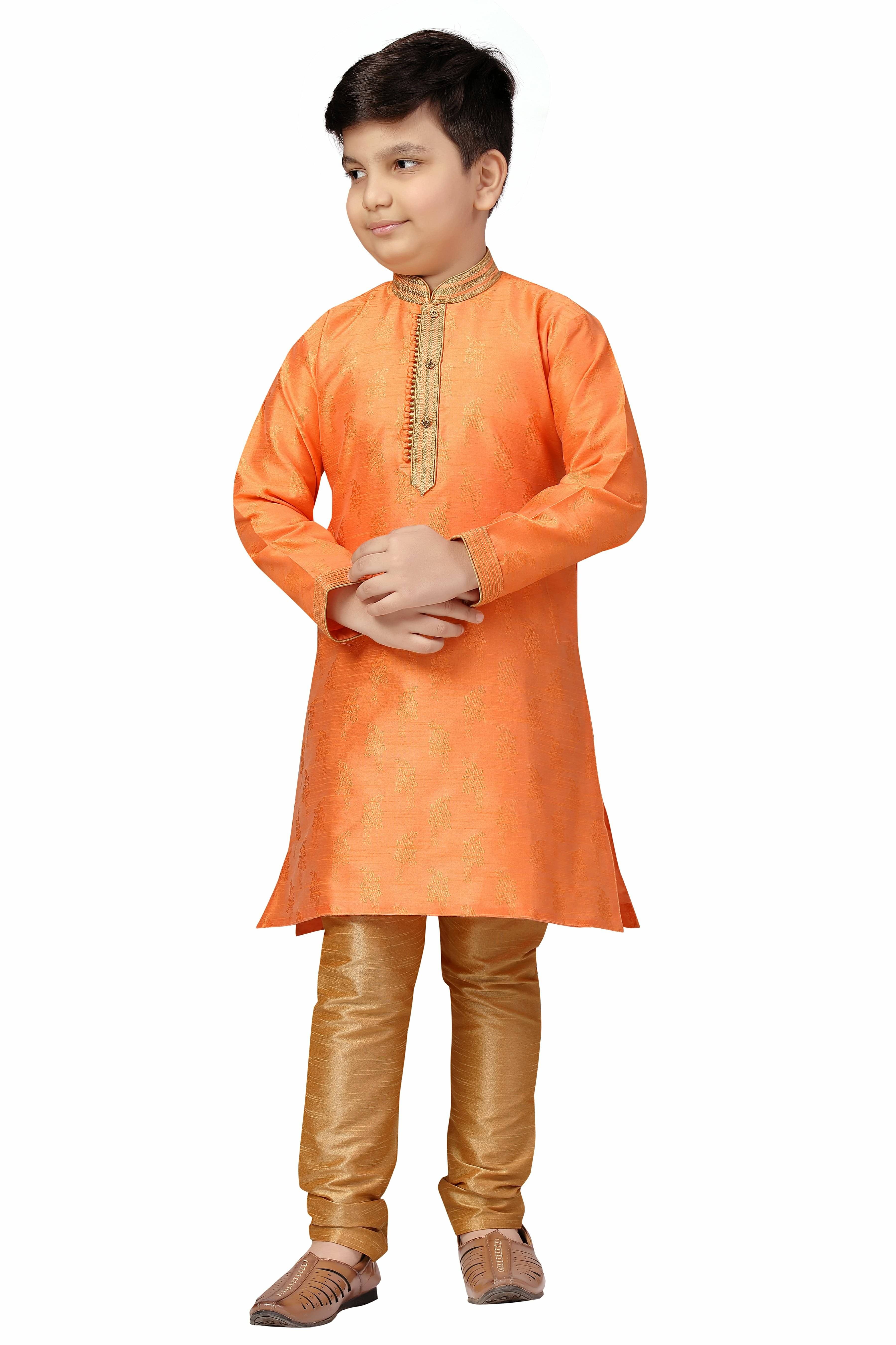 KIDS FARM Boys Silk Ethnic - Pattern Kurta Pant Set ( Orange , Pack of 1 ) KIDS FARM Boys Silk Ethnic - Pattern Kurta Pant Set ( Orange , Pack of 1 )