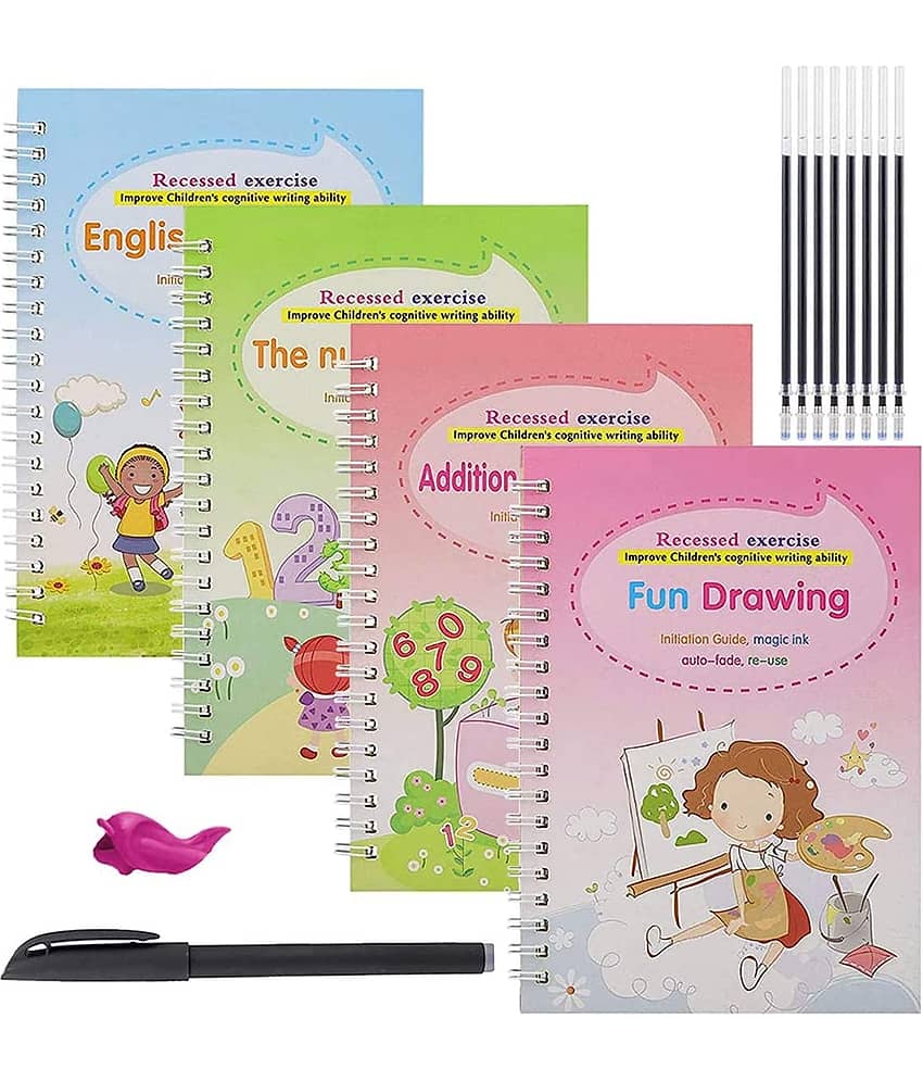 RAMDEV ENTERPRISE Magic Practice Copybook,(4 BOOKS +2 pen + 10 REFILL) Number Tracing Book for Preschoolers with Pen, Magic Calligraphy Copybook Set Practical Reusable Writing Tool Simple Hand Lettering (MATHS+DRAWING+ALPHABET+NUMBER). - Stationery | Buy online on ZillyBuy