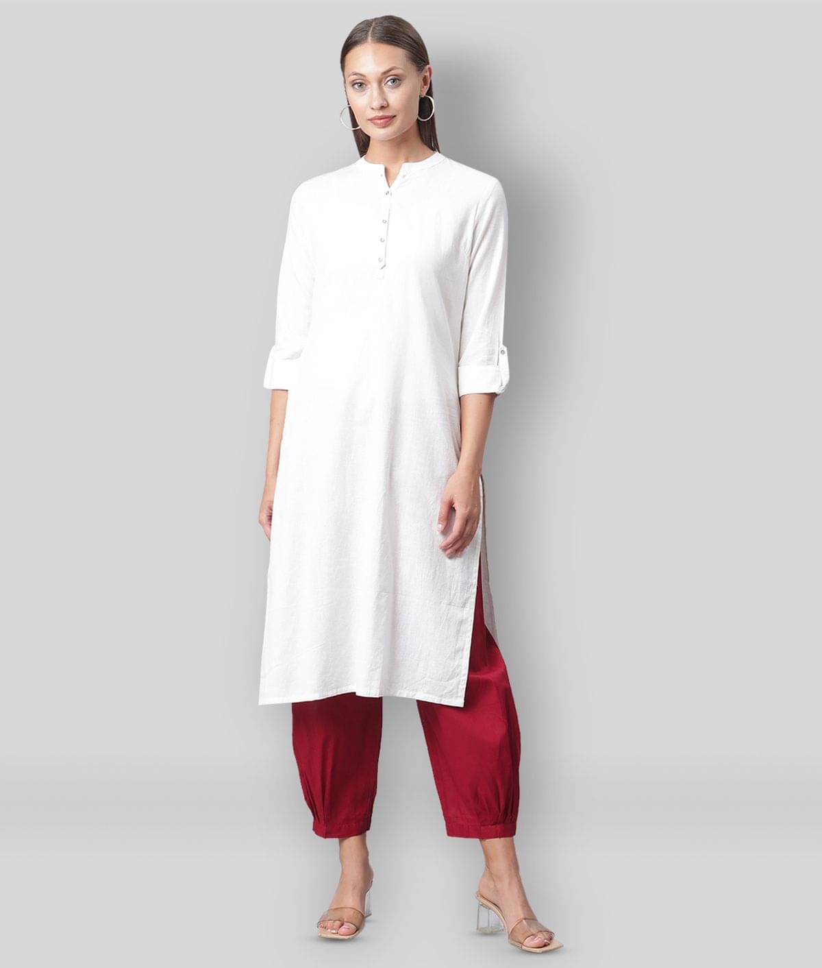 Divena - White Cotton Blend Women's Straight Kurti     			Divena - White Cotton Blend Women's Straight Kurti