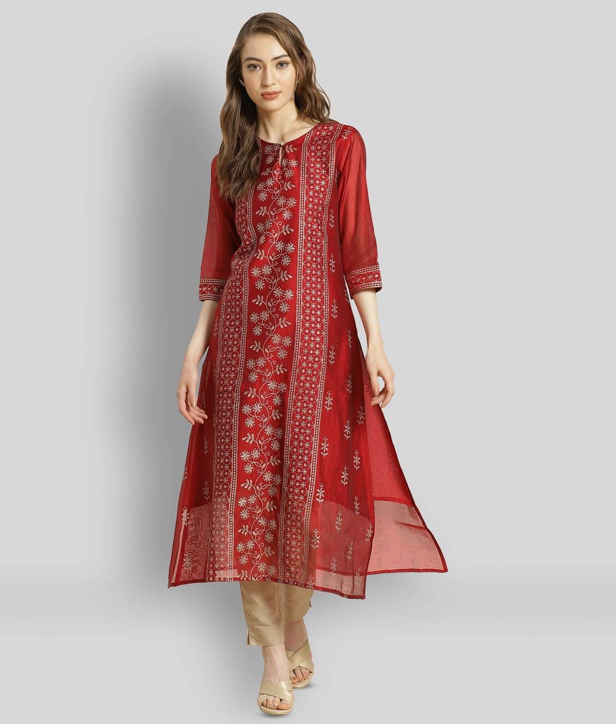 Juniper - Maroon Chanderi Women's A-line Kurti ( Pack of 1 ) Juniper - Maroon Chanderi Women's A-line Kurti ( Pack of 1 )