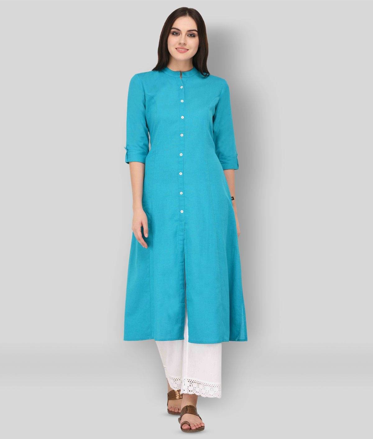 Pistaa - Turquoise Cotton Women's Front Slit Kurti ( Pack of 1 ) Pistaa - Turquoise Cotton Women's Front Slit Kurti ( Pack of 1 )