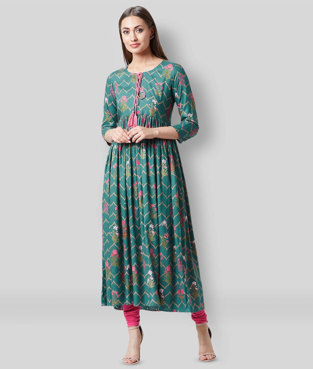 Tissu - Green Rayon Women's Anarkali Kurti ( Pack of 1 ) - Kurtis, Tunics | Buy online on ZillyBuy