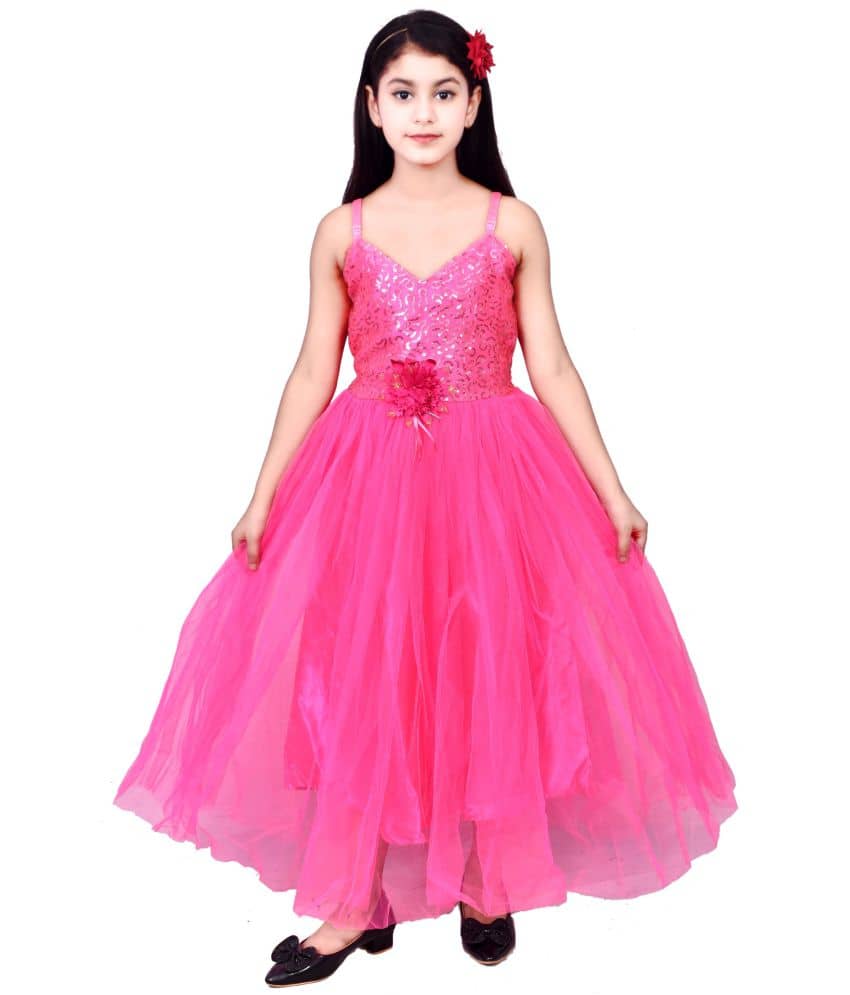 Cherry Tree Net Fit And Flare Dress For Girls ( Pack of 1 , Pink )