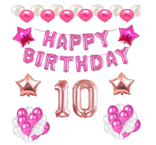     			Blooms Mall 1 Pc Happy Birthday Foil Banner (Pink), 2 pcs Rose Gold   foil star + 2 pcs Pink  star foil, 30 Pcs Metallic Balloons (White & Pink ),9 No. Foil Number Rose gold