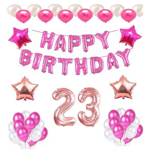     			Blooms Mall 1 Pc Happy Birthday Foil Banner (Pink), 2 pcs Rose Gold   foil star + 2 pcs Pink  star foil, 30 Pcs Metallic Balloons (White & Pink ),23 No. Foil Number Rose gold
