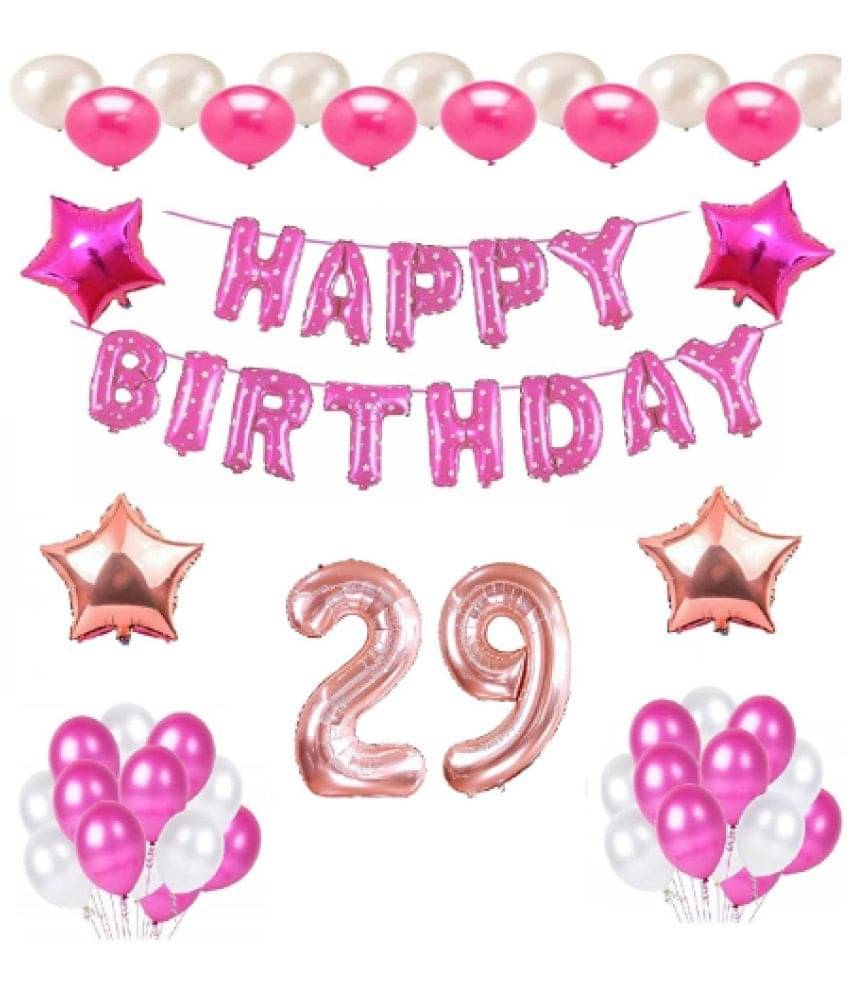     			Blooms Mall 1 Pc Happy Birthday Foil Banner (Pink), 2 pcs Rose Gold   foil star + 2 pcs Pink  star foil, 30 Pcs Metallic Balloons (White & Pink ),29  No. Foil Number Rose gold