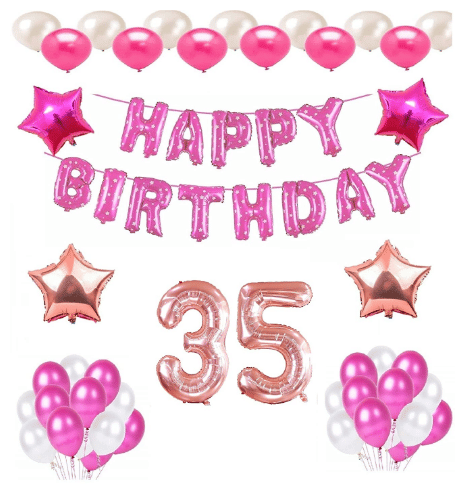     			Blooms Mall 1 Pc Happy Birthday Foil Banner (Pink), 2 pcs Rose Gold   foil star + 2 pcs Pink  star foil, 30 Pcs Metallic Balloons (White & Pink ),35  No. Foil Number Rose gold