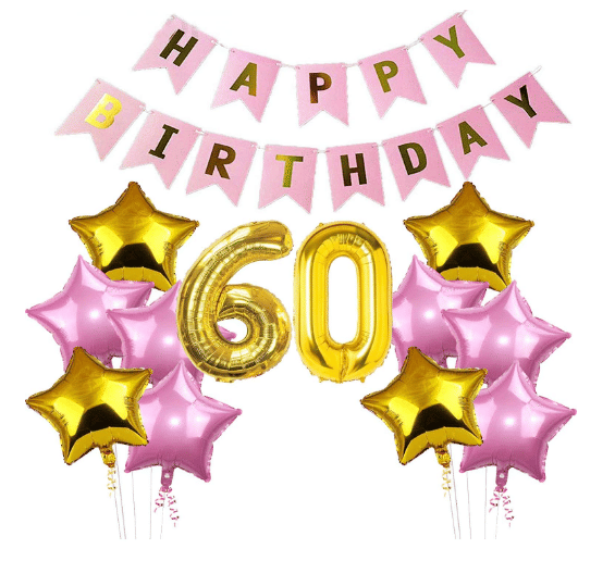     			Blooms Mall 1 Set Happy Birthday Banner  Pink  Color , 5 pcs Pink Foil star 5 pcs Golden Foil Star ,6 &0   No. Foil Number Golden