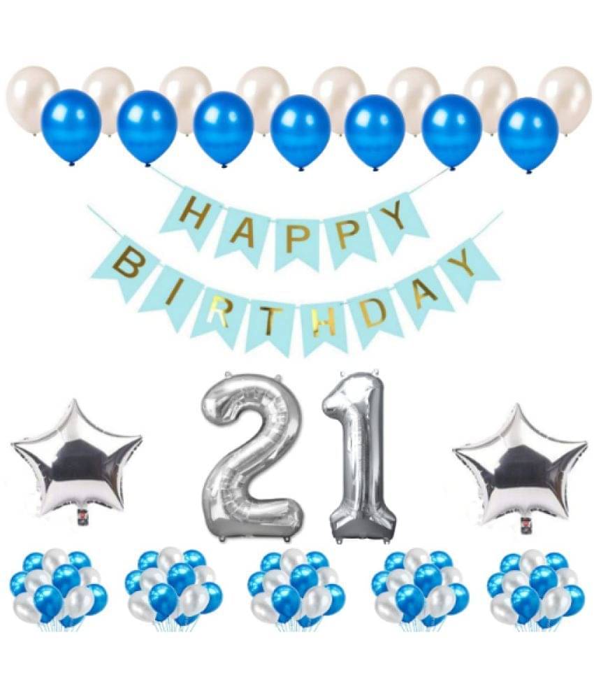 Blooms Mall 1 Set Happy Birthday blue Banner , 2 Pcs silver Foil Star , 50 Pcs Metallic Balloons (Blue & Silver ),21 No. Foil Number Silver Blooms Mall 1 Set Happy Birthday blue Banner , 2 Pcs silver Foil Star , 50 Pcs Metallic Balloons (Blue & Silver ),21 No. Foil Number Silver