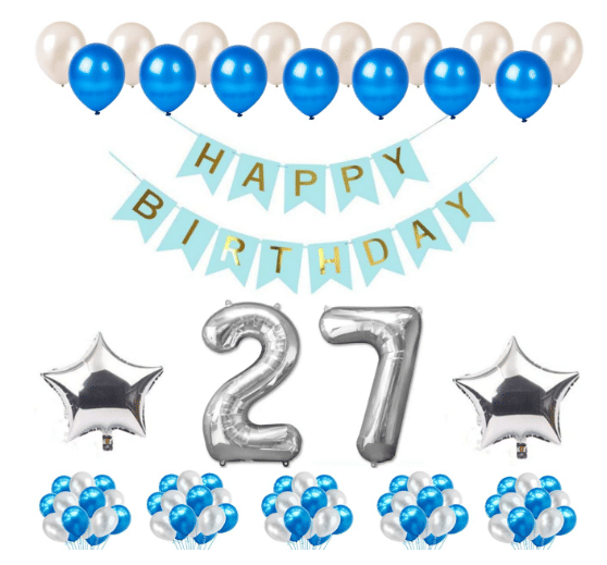    			Blooms Mall 1 Set Happy Birthday blue Banner , 2 Pcs silver  Foil Star , 50 Pcs Metallic Balloons   (Blue &  Silver ),25 No. Foil Number Silver