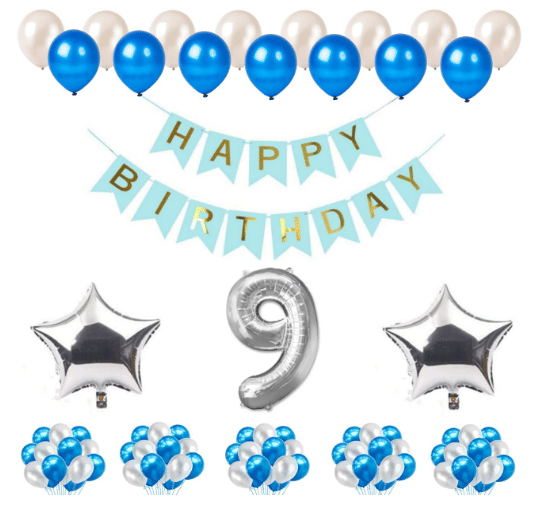     			Blooms Mall 1 Set Happy Birthday blue Banner , 2 Pcs silver  Foil Star , 50 Pcs Metallic Balloons   (Blue &  Silver ),9 No. Foil Number Silver