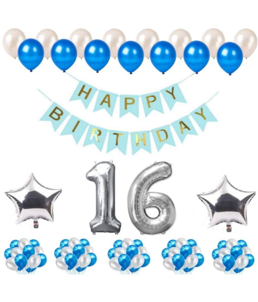     			Blooms Mall 1 Set Happy Birthday blue Banner , 2 Pcs silver  Foil Star , 50 Pcs Metallic Balloons   (Blue &  Silver ),15 No. Foil Number Silver