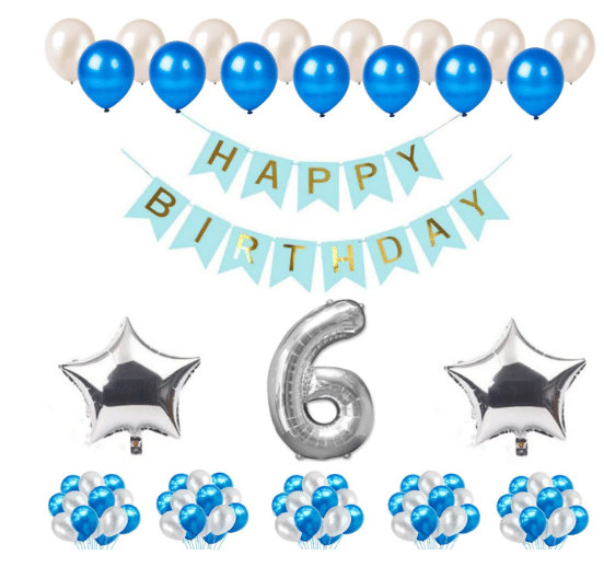     			Blooms Mall 1 Set Happy Birthday blue Banner , 2 Pcs silver  Foil Star , 50 Pcs Metallic Balloons   (Blue &  Silver ),6 No. Foil Number Silver