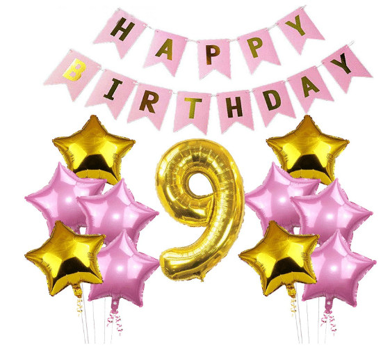     			Blooms Mall 1 Set Happy Birthday Banner  Pink  Color , 5 pcs Pink Foil star 5 pcs Golden Foil Star ,9 No. Foil Number Golden