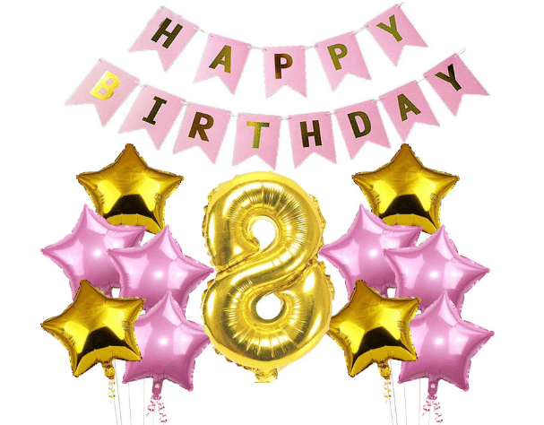     			Blooms Mall 1 Set Happy Birthday Banner  Pink  Color , 5 pcs Pink Foil star 5 pcs Golden Foil Star ,7 No. Foil Number Golden
