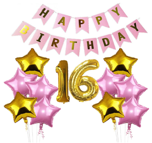     			Blooms Mall 1 Set Happy Birthday Banner  Pink  Color , 5 pcs Pink Foil star 5 pcs Golden Foil Star ,16 No. Foil Number Golden
