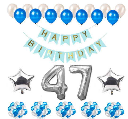     			Blooms Mall 1 Set Happy Birthday blue Banner , 2 Pcs silver  Foil Star , 50 Pcs Metallic Balloons   (Blue &  Silver ), 46  No. Foil Number Silver