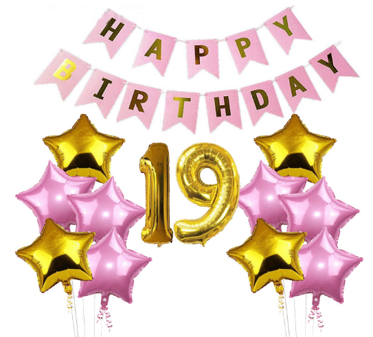     			Blooms Mall 1 Set Happy Birthday Banner  Pink  Color , 5 pcs Pink Foil star 5 pcs Golden Foil Star , 18 No. Foil Number Golden