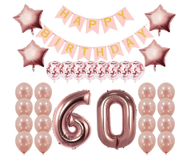     			Blooms Mall 1  pcs HAPPY BIRTHDAY BANNER (Pink), 15 rose gold latex balloons, 5 pc  confetti balloons, 4 rose gold  foil star balloons, 7 & 0 number rose gold " foil balloons.