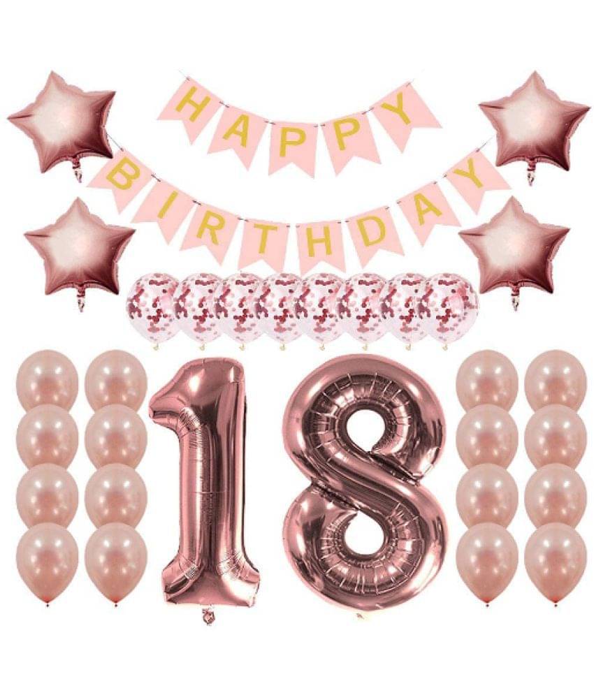     			Blooms Mall 1  pcs HAPPY BIRTHDAY BANNER (Pink), 15 rose gold latex balloons, 5 pc  confetti balloons, 4 rose gold  foil star balloons, 13 number rose gold " foil balloons.