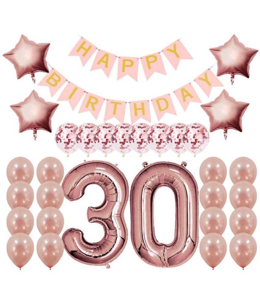     			Blooms Mall 1  pcs HAPPY BIRTHDAY BANNER (Pink), 15 rose gold latex balloons, 5 pc  confetti balloons, 4 rose gold  foil star balloons, 3 & 0 number rose gold " foil balloons.