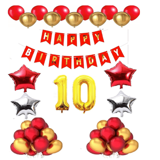     			Blooms Mall 1 set Happy Birthday Banner (Red Color), 2 pcs red foil star + 2 pcs silver star foil, 50 Pcs Metallic Balloons (Red & Golden),11 No. Foil Number Golden