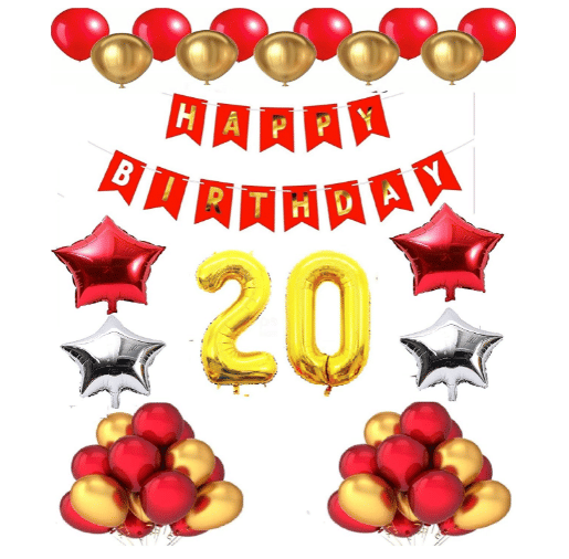Blooms Mall 1 set Happy Birthday Banner (Red Color), 2 pcs red foil star + 2 pcs silver star foil, 50 Pcs Metallic Balloons (Red & Golden),20 No. Foil Number Golden Blooms Mall 1 set Happy Birthday Banner (Red Color), 2 pcs red foil star + 2 pcs silver star foil, 50 Pcs Metallic Balloons (Red & Golden),20 No. Foil Number Golden