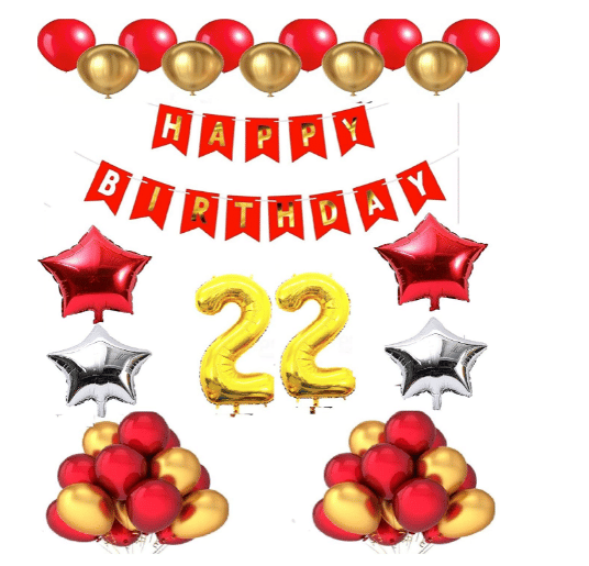     			Blooms Mall 1 set Happy Birthday Banner (Red Color), 2 pcs red foil star + 2 pcs silver star foil, 50 Pcs Metallic Balloons (Red & Golden),25 No. Foil Number Golden
