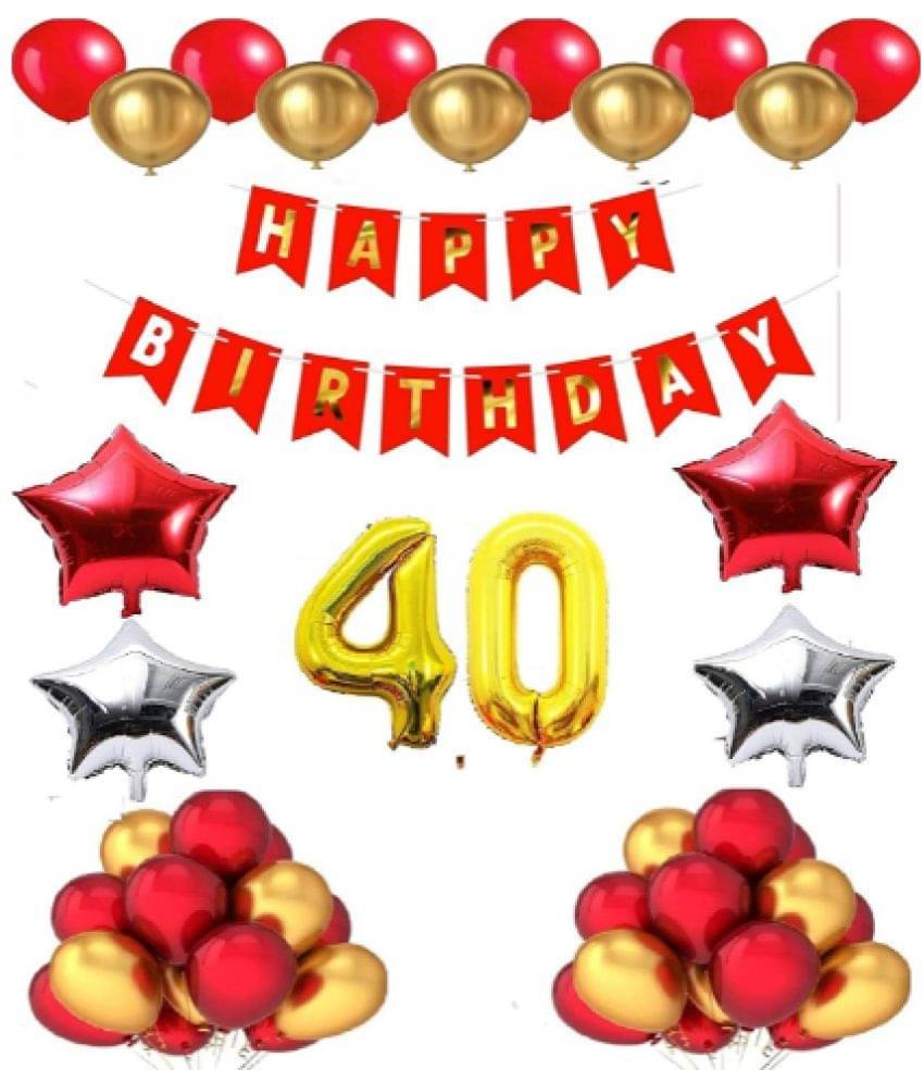     			Blooms Mall 1 set Happy Birthday Banner (Red Color), 2 pcs red foil star + 2 pcs silver star foil, 50 Pcs Metallic Balloons (Red & Golden), 41 No. Foil Number Golden