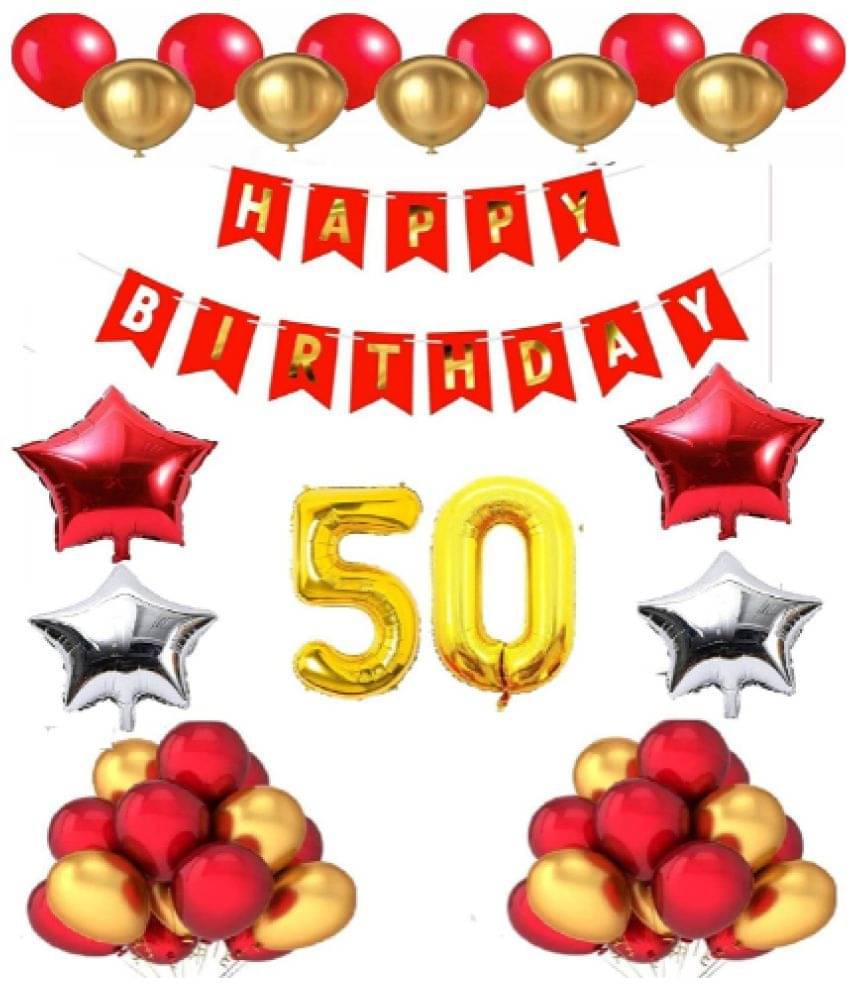     			Blooms Mall 1 set Happy Birthday Banner (Red Color), 2 pcs red foil star + 2 pcs silver star foil, 50 Pcs Metallic Balloons (Red & Golden),49  No. Foil Number Golden
