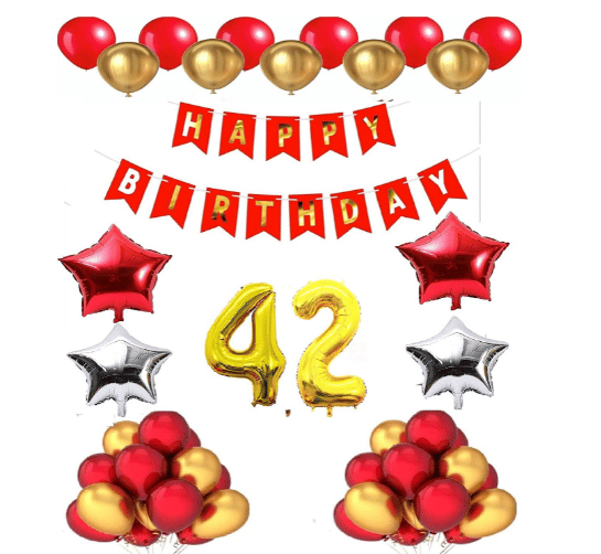     			Blooms Mall 1 set Happy Birthday Banner (Red Color), 2 pcs red foil star + 2 pcs silver star foil, 50 Pcs Metallic Balloons (Red & Golden), 44 No. Foil Number Golden