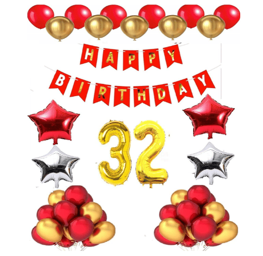     			Blooms Mall 1 set Happy Birthday Banner (Red Color), 2 pcs red foil star + 2 pcs silver star foil, 50 Pcs Metallic Balloons (Red & Golden),33 No. Foil Number Golden